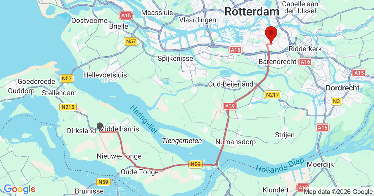 Kaart van het incident in Rotterdam met de aanrijroutes van de gealarmeerde eenheden