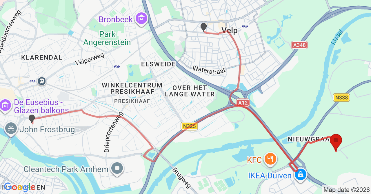 Kaart van het incident in Duiven met de aanrijroutes van de gealarmeerde eenheden