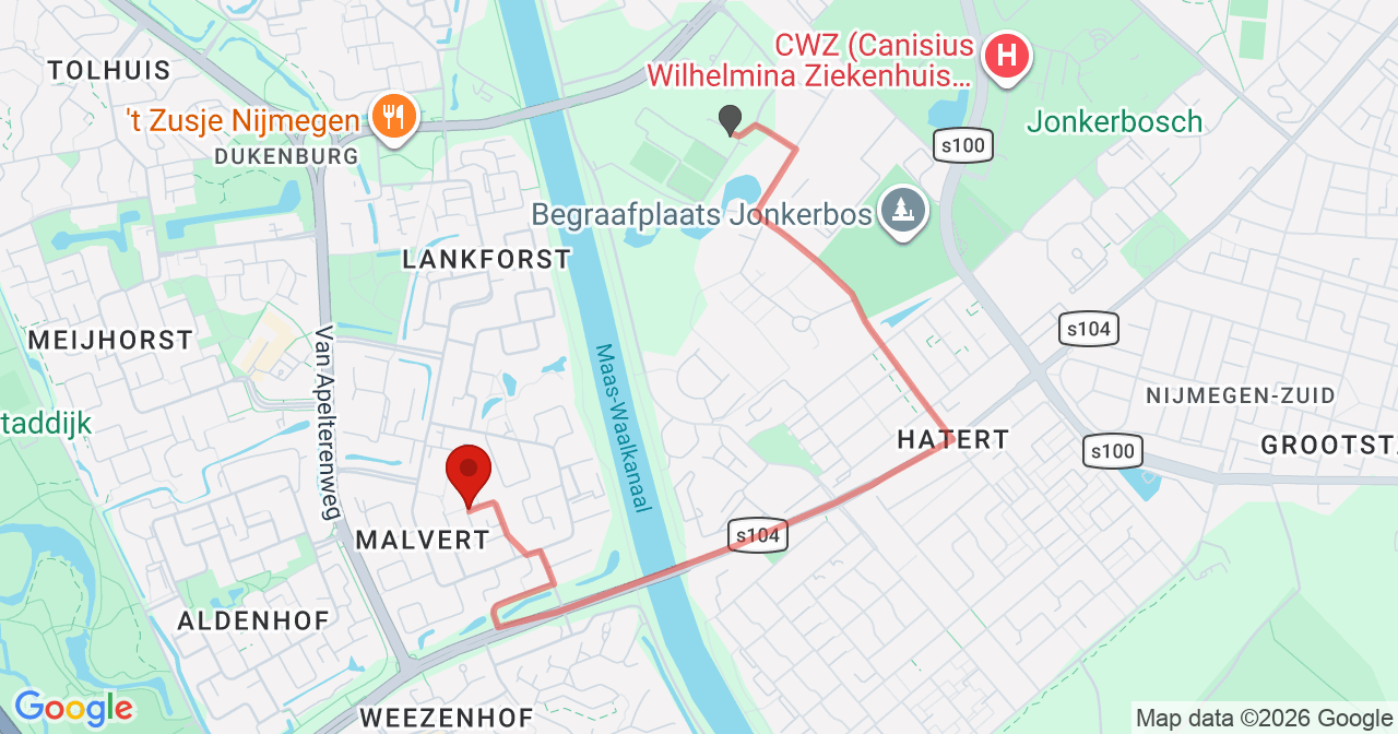 Kaart van het incident in Nijmegen met de aanrijroutes van de gealarmeerde eenheden
