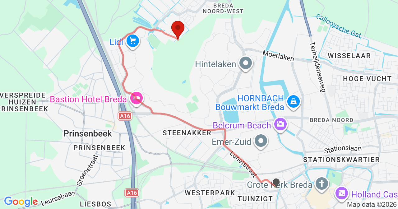Kaart van het incident in Breda met de aanrijroutes van de gealarmeerde eenheden