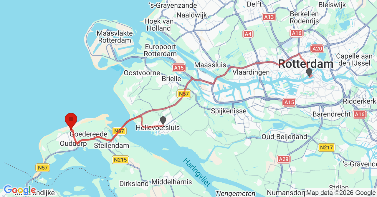 Kaart van het incident in Ouddorp ZH met de aanrijroutes van de gealarmeerde eenheden