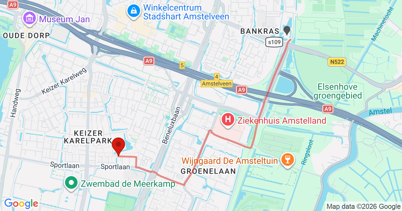 Kaart van het incident in Amstelveen met de aanrijroutes van de gealarmeerde eenheden