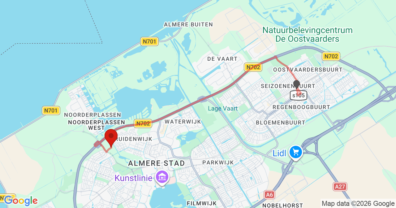 Kaart van het incident in Almere met de aanrijroutes van de gealarmeerde eenheden