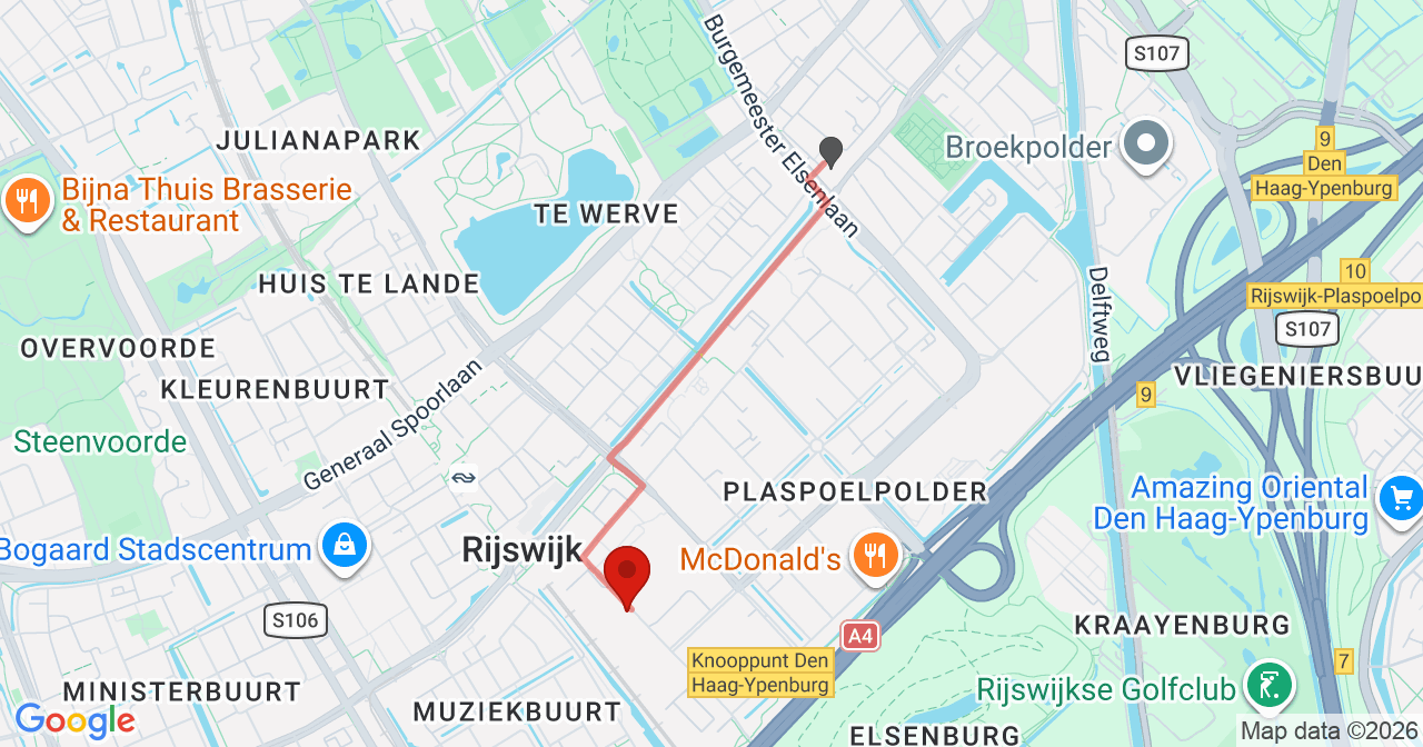Kaart van het incident in Rijswijk ZH met de aanrijroutes van de gealarmeerde eenheden