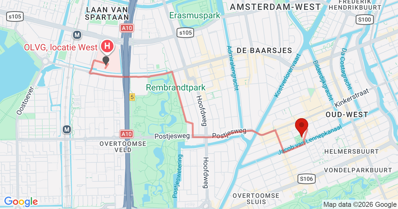 Kaart van het incident in Amsterdam met de aanrijroutes van de gealarmeerde eenheden