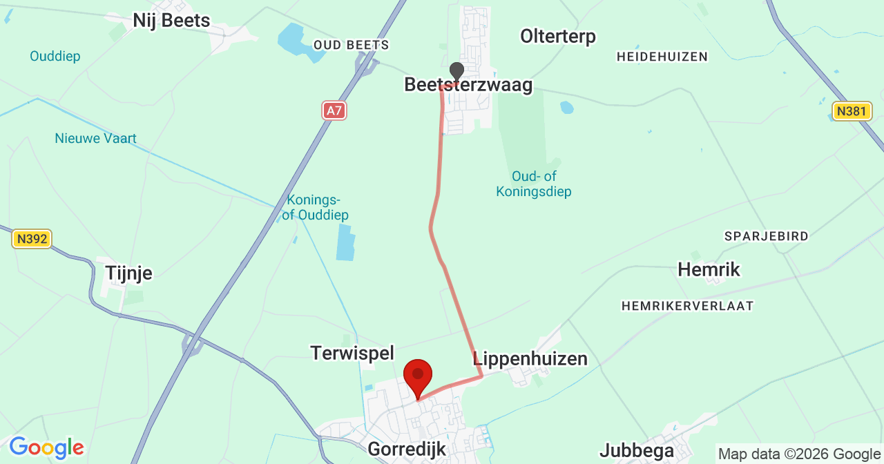 Kaart van het incident in Gorredijk met de aanrijroutes van de gealarmeerde eenheden