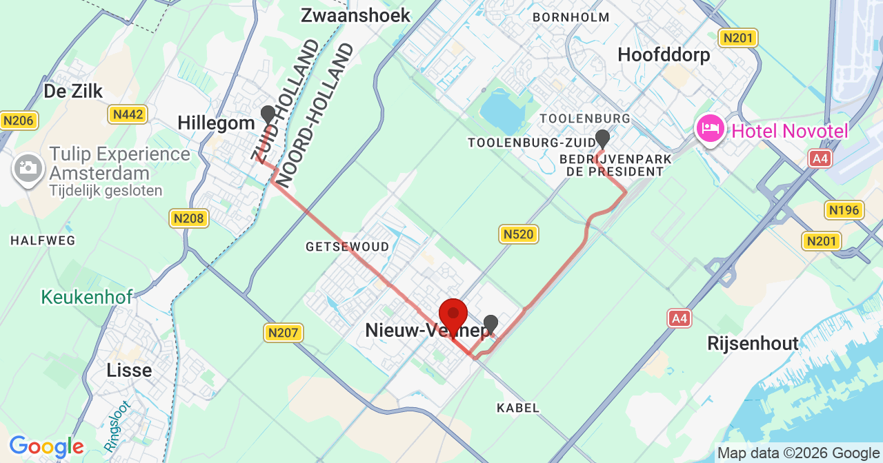 Kaart van het incident in Nieuw-Vennep met de aanrijroutes van de gealarmeerde eenheden