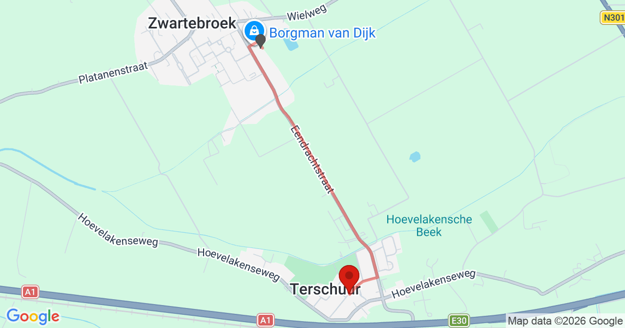 Kaart van het incident in Terschuur met de aanrijroutes van de gealarmeerde eenheden