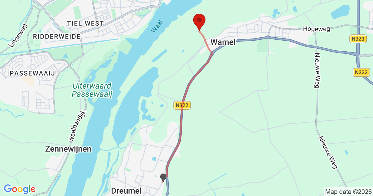 Kaart van het incident in Wamel met de aanrijroutes van de gealarmeerde eenheden