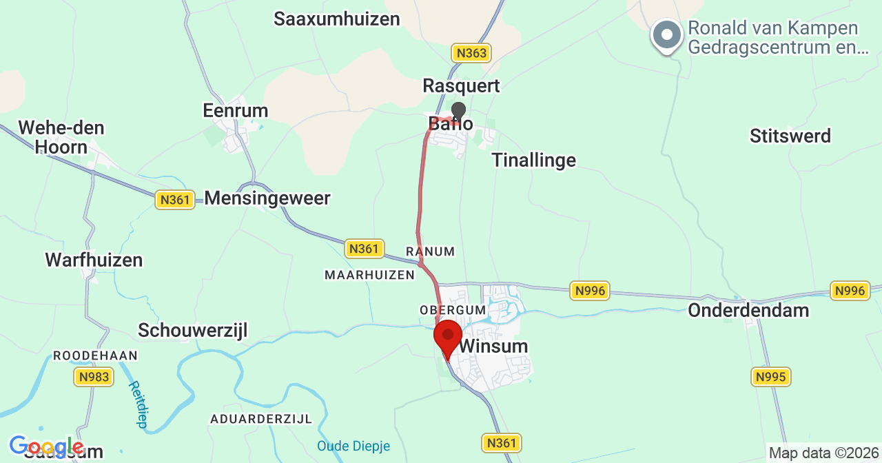 Kaart van het incident in Winsum met de aanrijroutes van de gealarmeerde eenheden