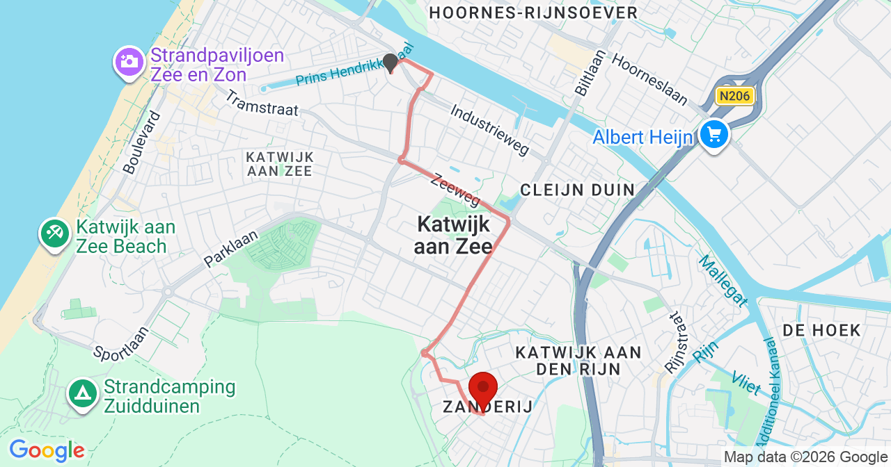 Kaart van het incident in Katwijk ZH met de aanrijroutes van de gealarmeerde eenheden