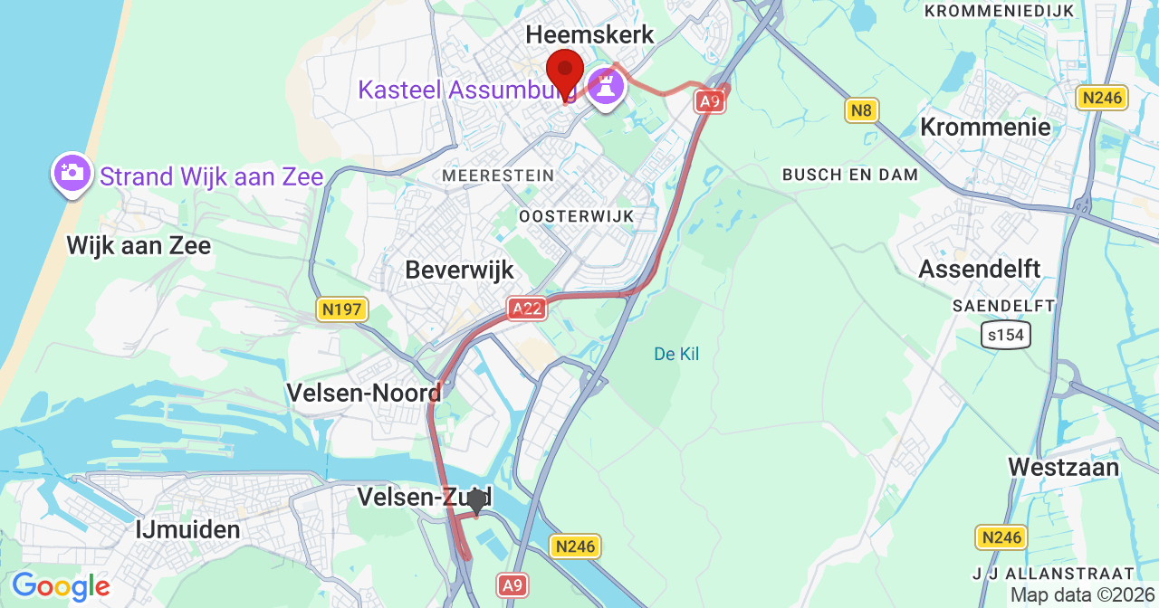 Kaart van het incident in Heemskerk met de aanrijroutes van de gealarmeerde eenheden