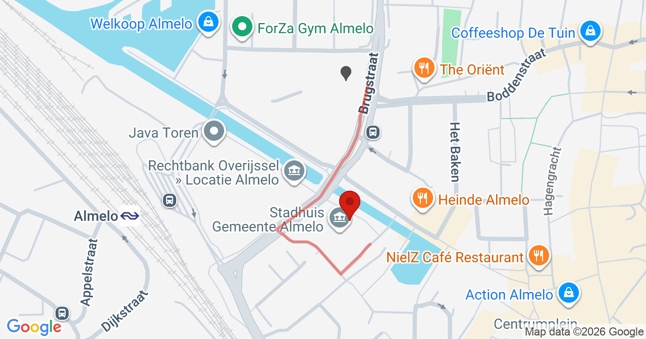 Kaart van het incident in Almelo met de aanrijroutes van de gealarmeerde eenheden