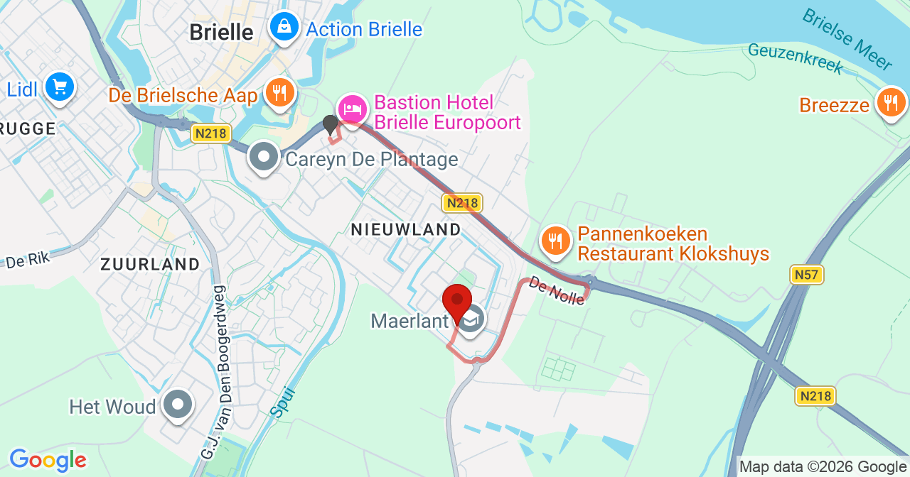 Kaart van het incident in Brielle met de aanrijroutes van de gealarmeerde eenheden