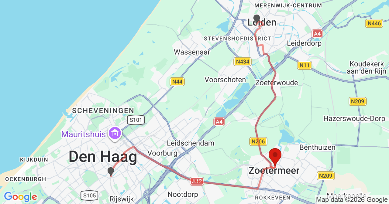 Kaart van het incident in Zoetermeer met de aanrijroutes van de gealarmeerde eenheden
