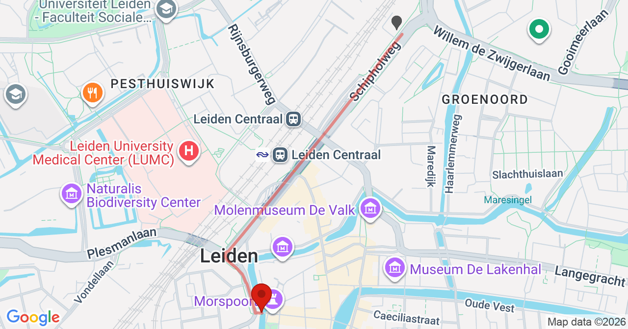 Kaart van het incident in Leiden met de aanrijroutes van de gealarmeerde eenheden