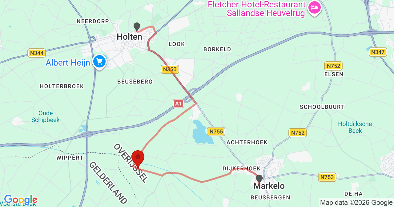Kaart van het incident in Markelo met de aanrijroutes van de gealarmeerde eenheden