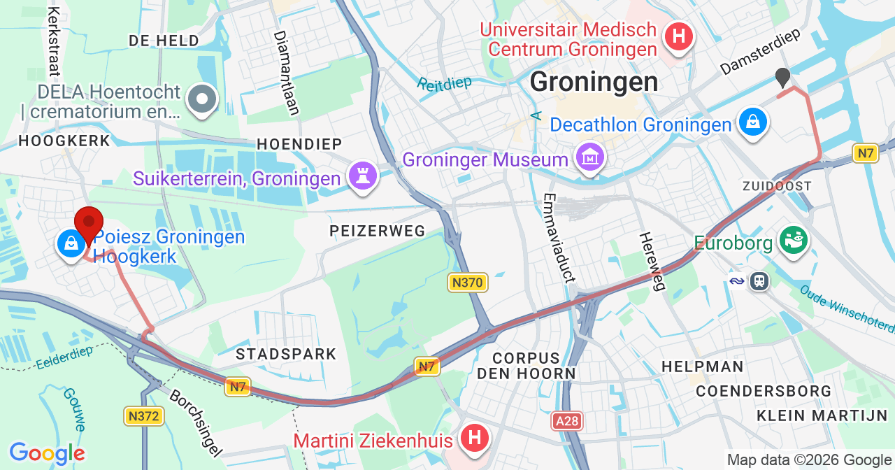 Kaart van het incident in Groningen met de aanrijroutes van de gealarmeerde eenheden