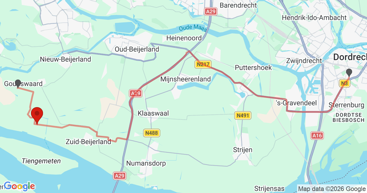 Kaart van het incident in Zuid-Beijerland met de aanrijroutes van de gealarmeerde eenheden