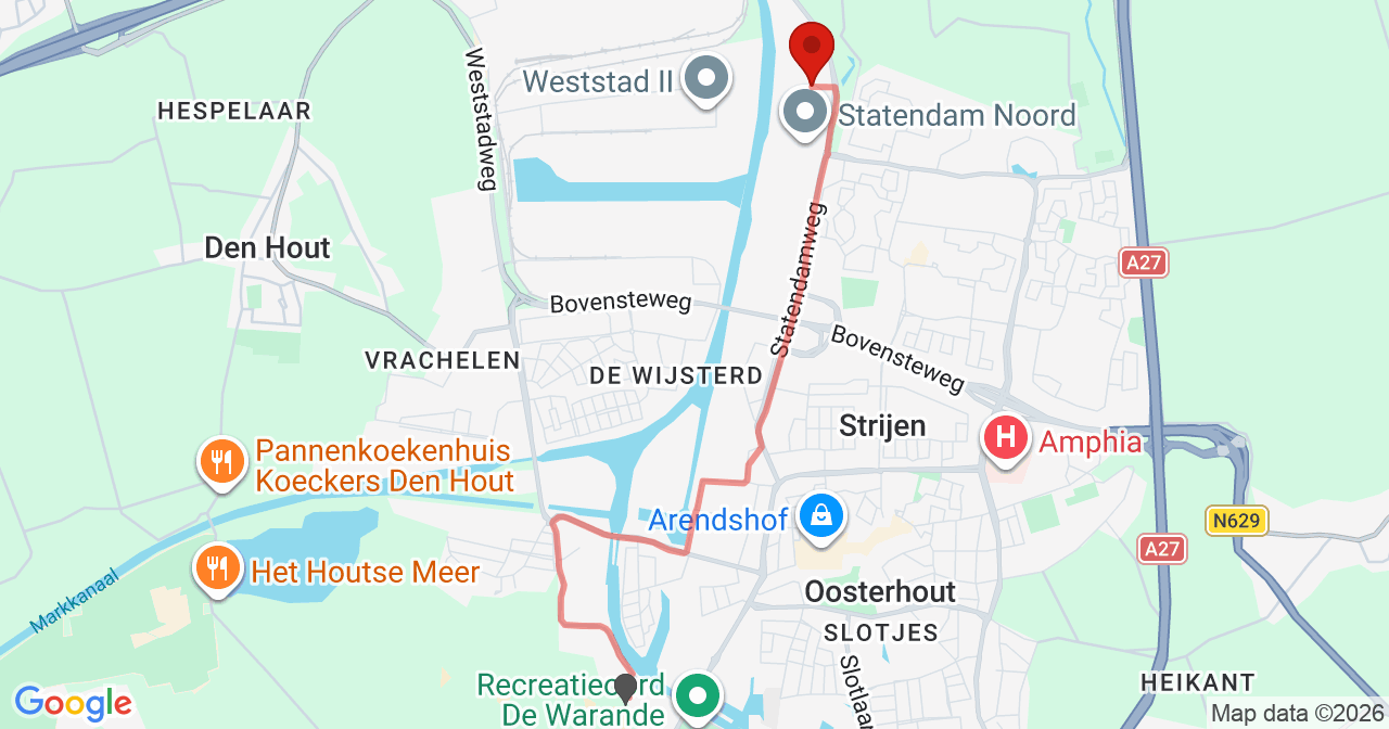Kaart van het incident in Oosterhout met de aanrijroutes van de gealarmeerde eenheden