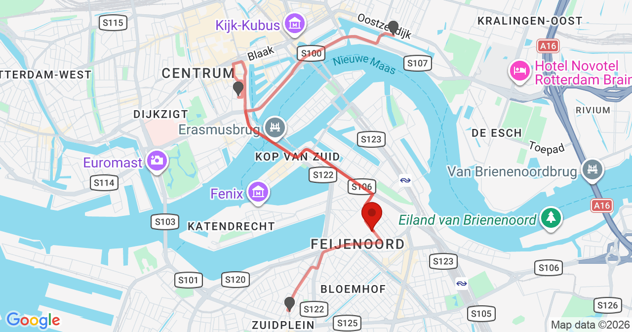Kaart van het incident in Rotterdam met de aanrijroutes van de gealarmeerde eenheden