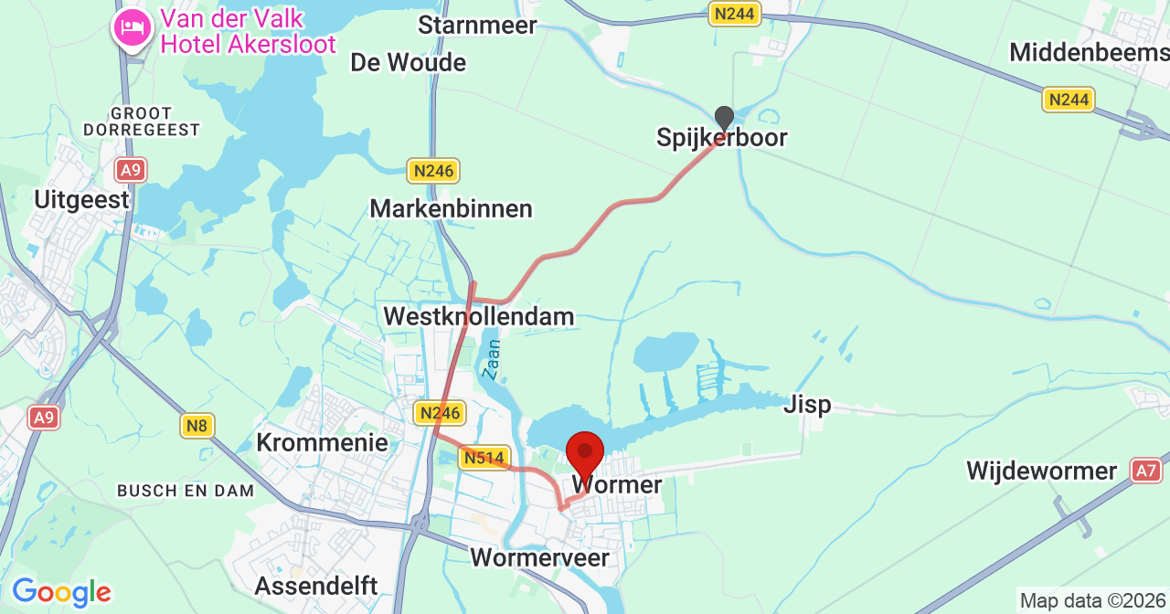 Kaart van het incident in Wormer met de aanrijroutes van de gealarmeerde eenheden