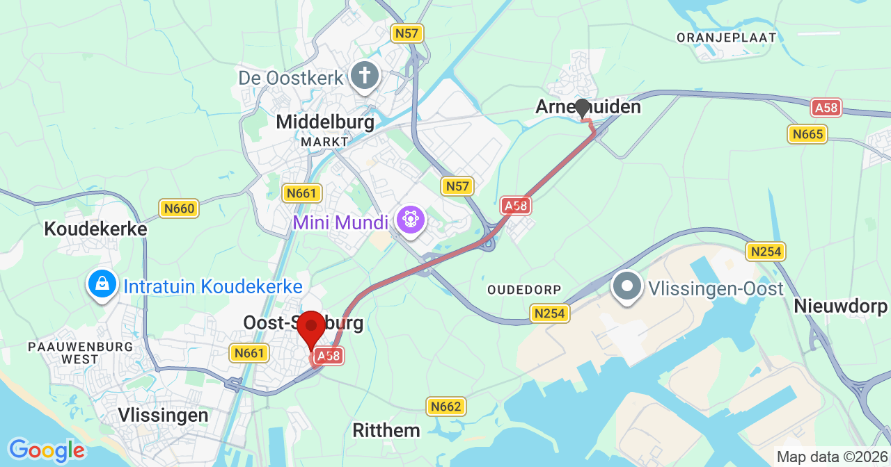 Kaart van het incident in Oost-Souburg met de aanrijroutes van de gealarmeerde eenheden