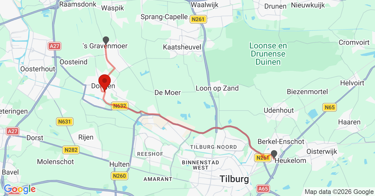 Kaart van het incident in Dongen met de aanrijroutes van de gealarmeerde eenheden