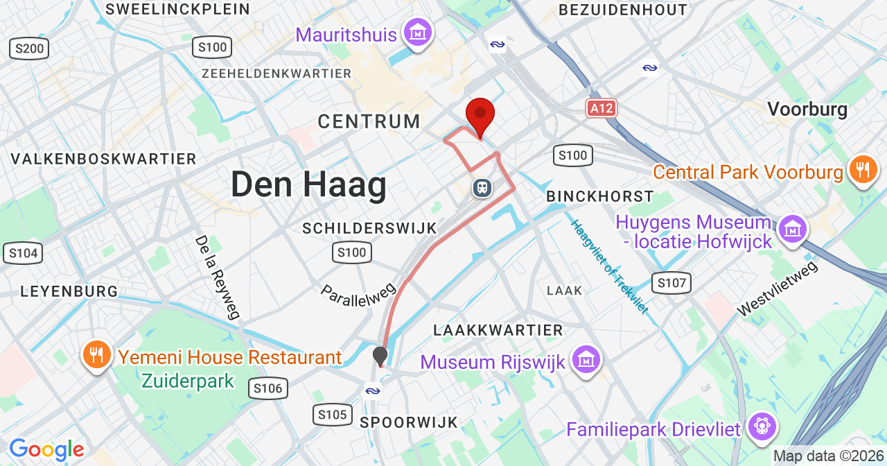 Kaart van het incident in 's-Gravenhage met de aanrijroutes van de gealarmeerde eenheden