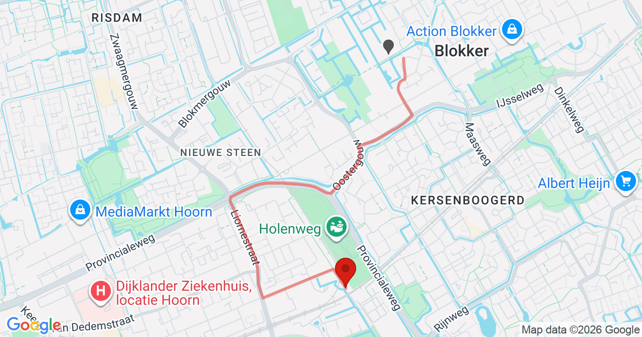 Kaart van het incident in Hoorn NH met de aanrijroutes van de gealarmeerde eenheden