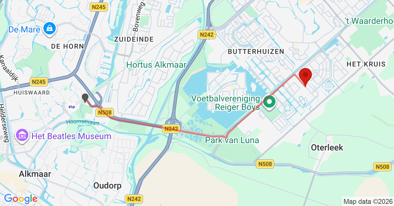 Kaart van het incident in Heerhugowaard met de aanrijroutes van de gealarmeerde eenheden