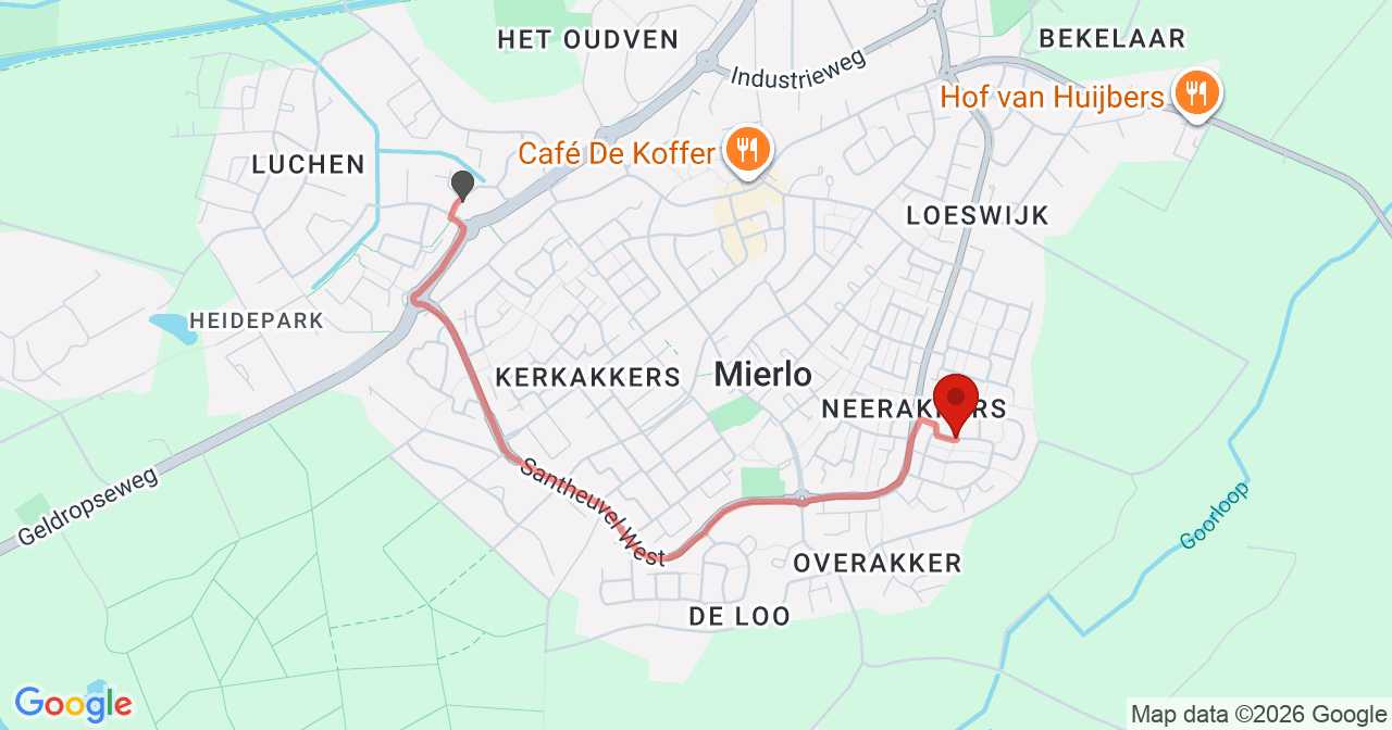 Kaart van het incident in Mierlo met de aanrijroutes van de gealarmeerde eenheden