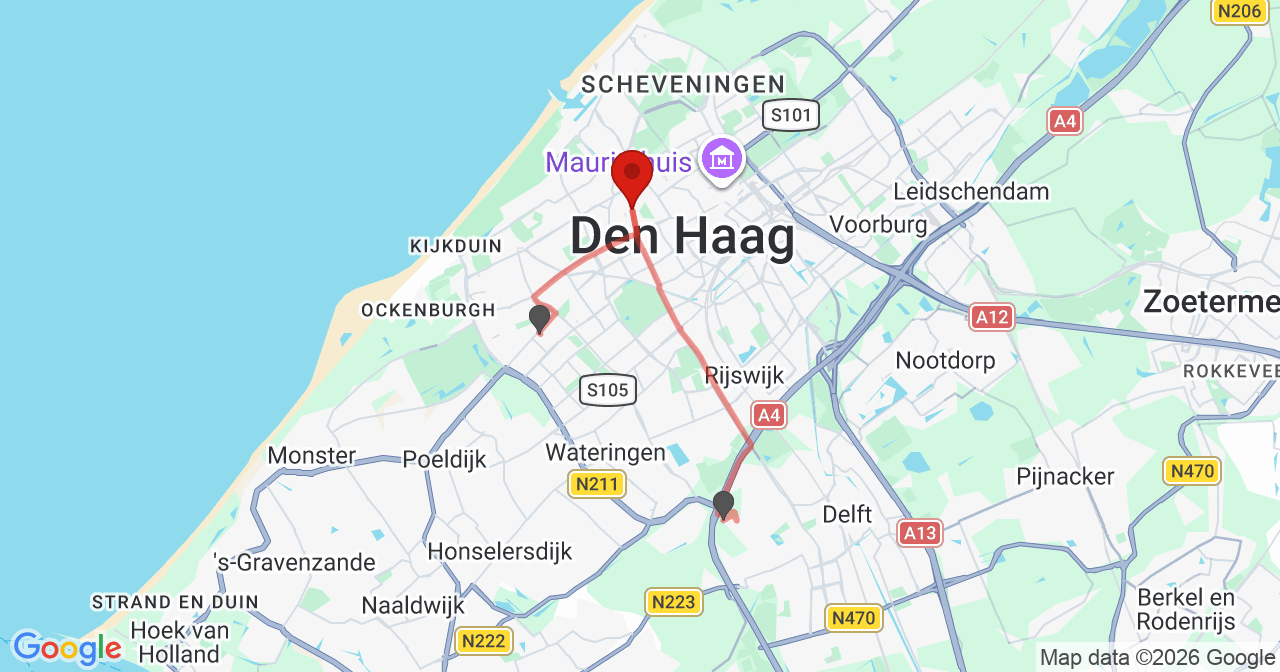 Kaart van het incident in 's-Gravenhage met de aanrijroutes van de gealarmeerde eenheden
