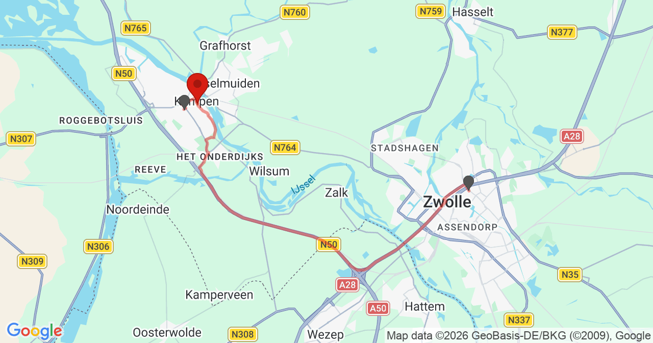 Kaart van het incident in Kampen met de aanrijroutes van de gealarmeerde eenheden