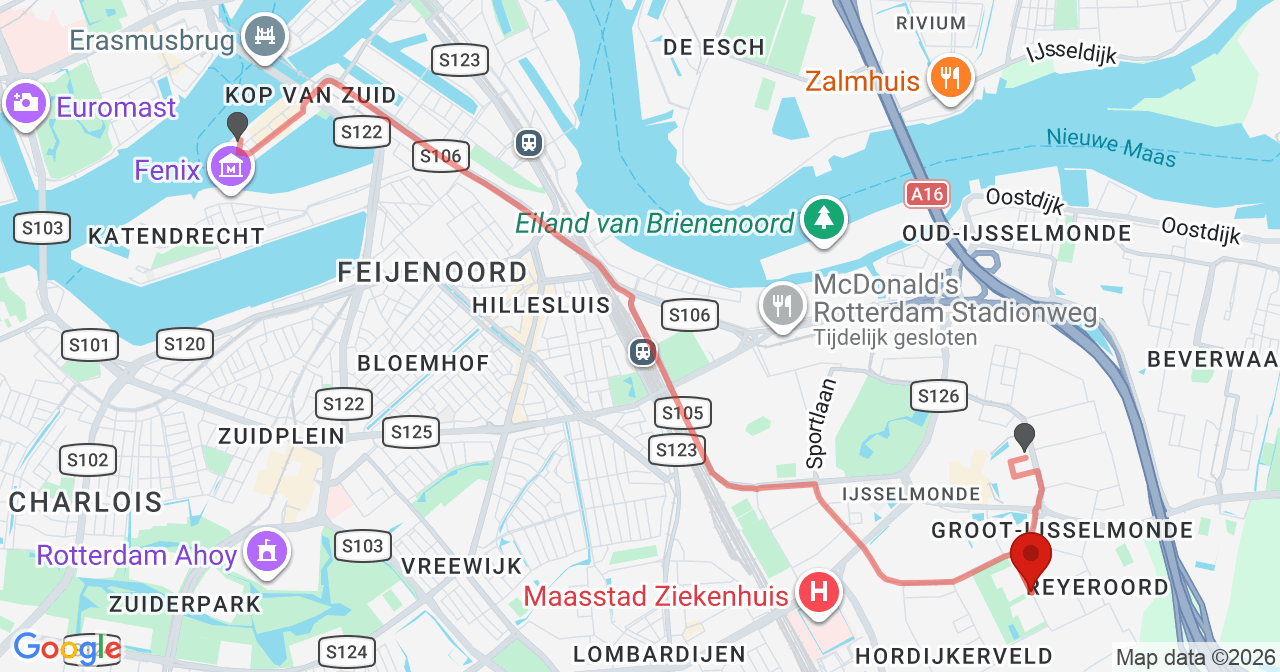 Kaart van het incident in Rotterdam met de aanrijroutes van de gealarmeerde eenheden