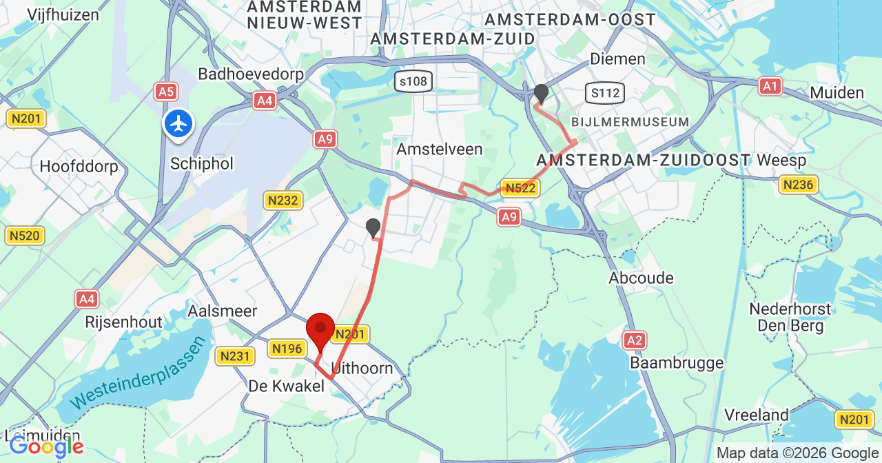Kaart van het incident in Uithoorn met de aanrijroutes van de gealarmeerde eenheden