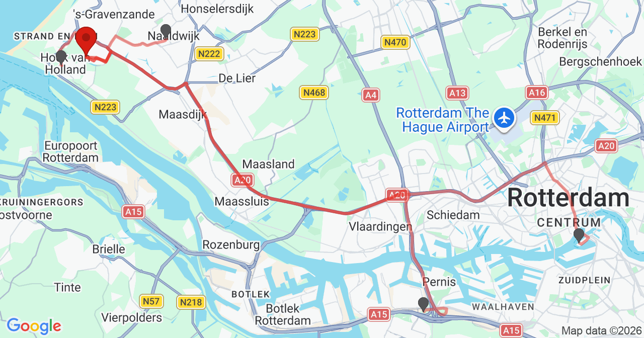Kaart van het incident in Hoek met de aanrijroutes van de gealarmeerde eenheden