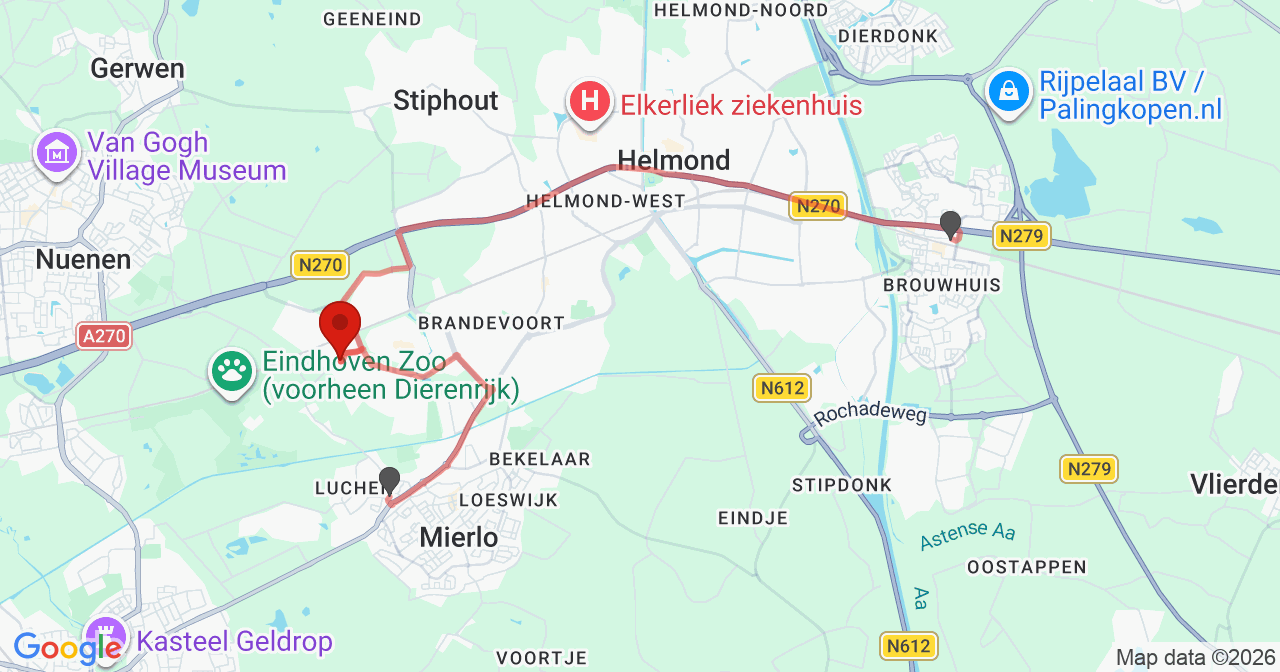 Kaart van het incident in Helmond met de aanrijroutes van de gealarmeerde eenheden