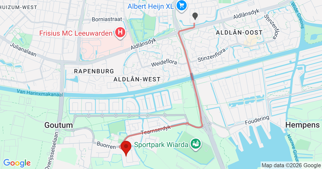 Kaart van het incident in Goutum met de aanrijroutes van de gealarmeerde eenheden