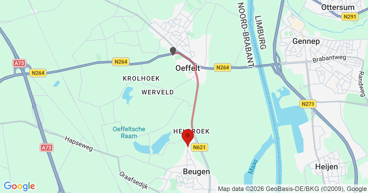 Kaart van het incident in Beugen met de aanrijroutes van de gealarmeerde eenheden