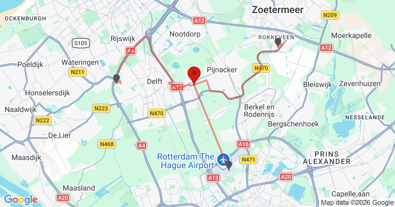 Kaart van het incident in Delfgauw met de aanrijroutes van de gealarmeerde eenheden