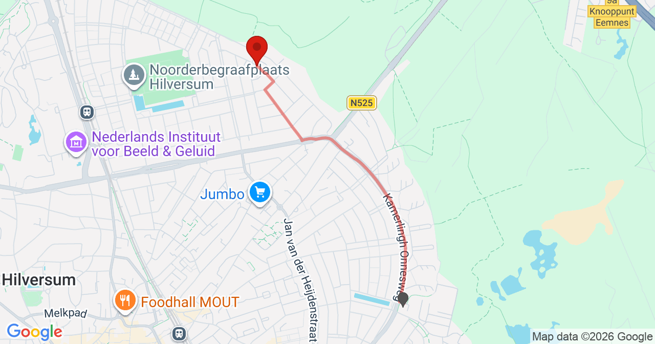 Kaart van het incident in Hilversum met de aanrijroutes van de gealarmeerde eenheden