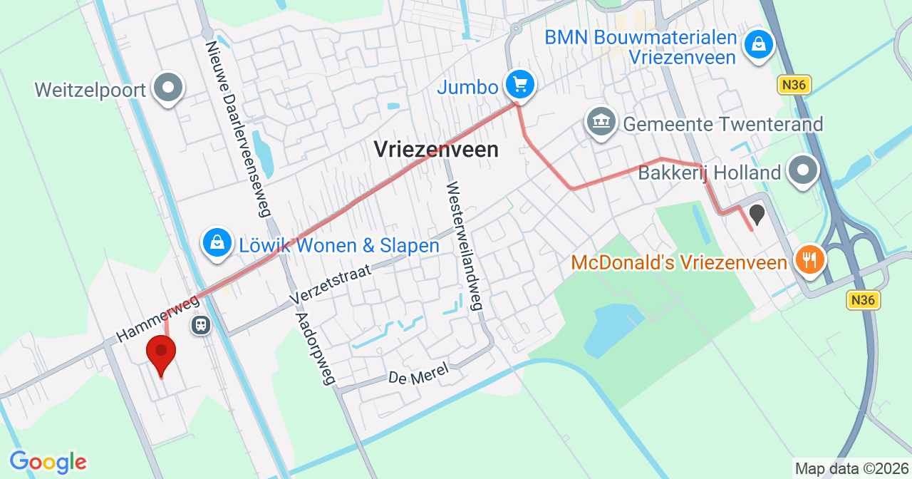 Kaart van het incident in Vriezenveen met de aanrijroutes van de gealarmeerde eenheden