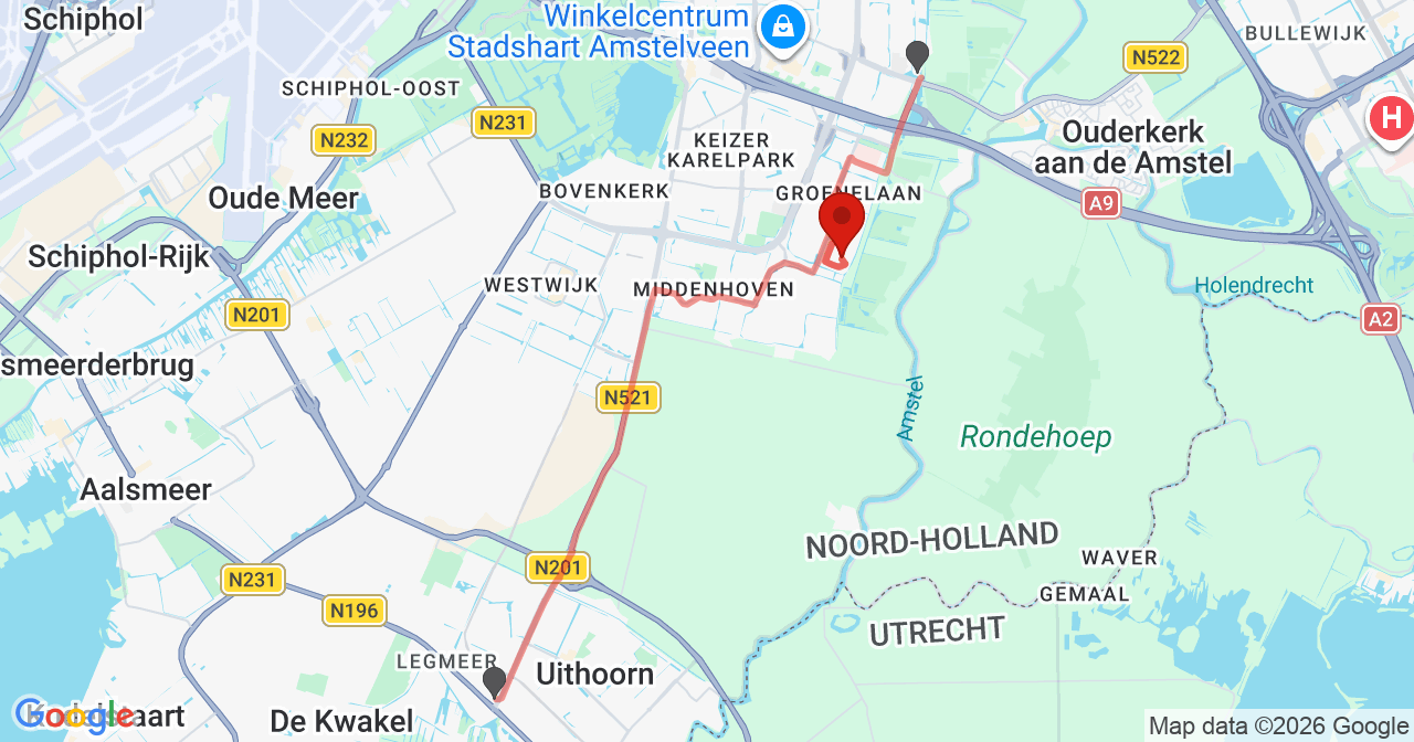 Kaart van het incident in Amstelveen met de aanrijroutes van de gealarmeerde eenheden