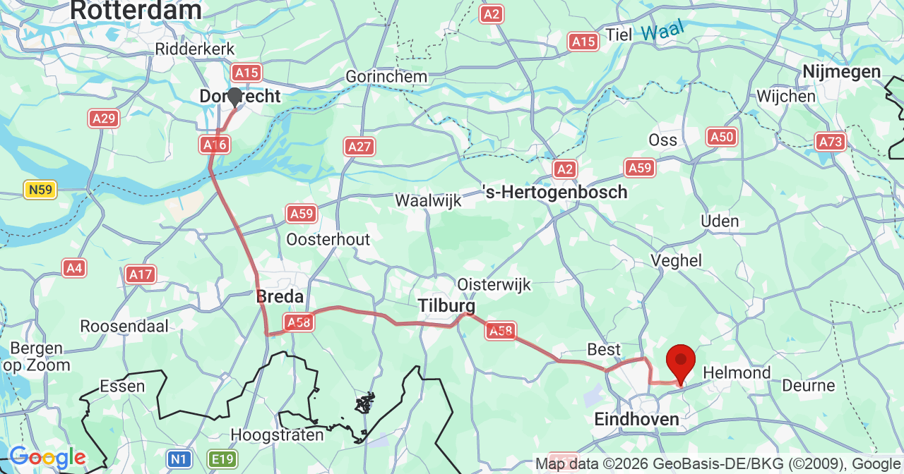 Kaart van het incident in Nuenen met de aanrijroutes van de gealarmeerde eenheden
