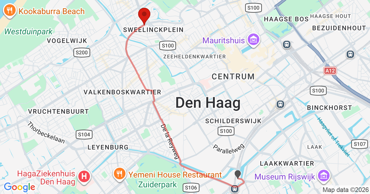 Kaart van het incident in 's-Gravenhage met de aanrijroutes van de gealarmeerde eenheden