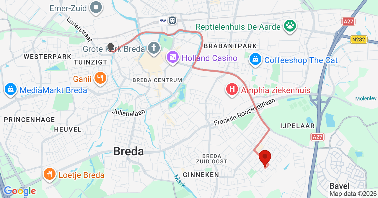 Kaart van het incident in Breda met de aanrijroutes van de gealarmeerde eenheden
