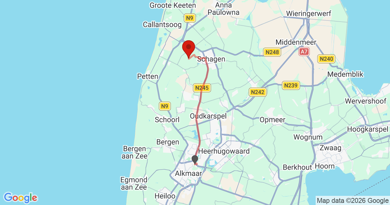 Kaart van het incident in Schagen met de aanrijroutes van de gealarmeerde eenheden