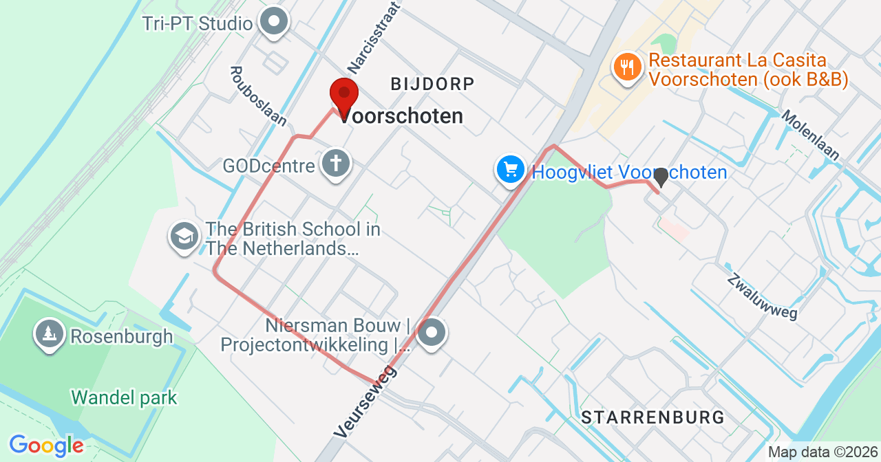 Kaart van het incident in Voorschoten met de aanrijroutes van de gealarmeerde eenheden