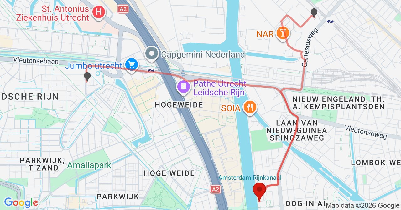 Kaart van het incident in Utrecht met de aanrijroutes van de gealarmeerde eenheden
